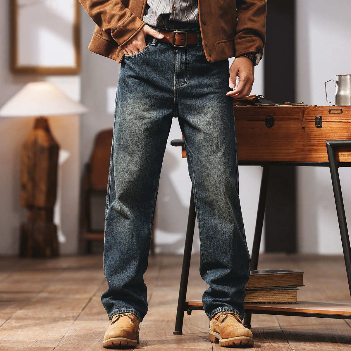 格蓝鹿美式重磅复古牛仔裤子男秋冬季加绒潮牌宽松直筒休闲长裤子