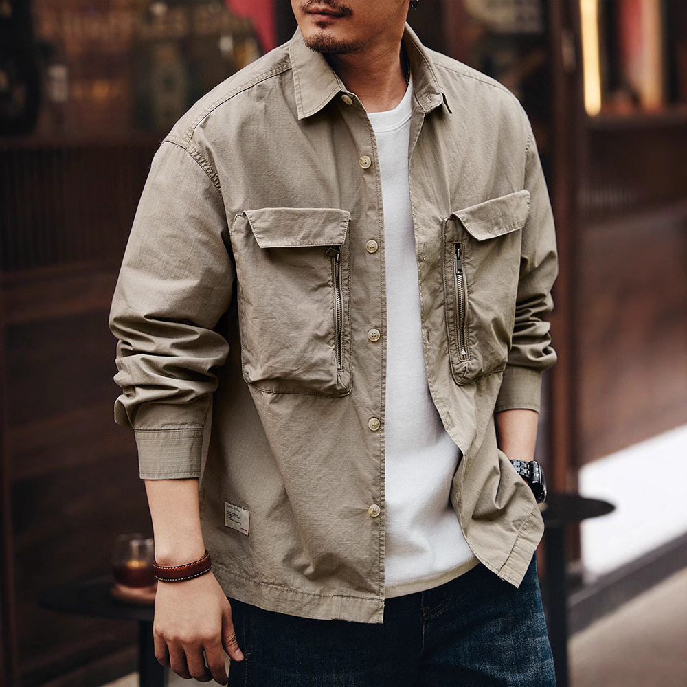 格蓝鹿美式复古潮牌重磅工装长袖衬衫男春秋新款宽松休闲衬衣外套