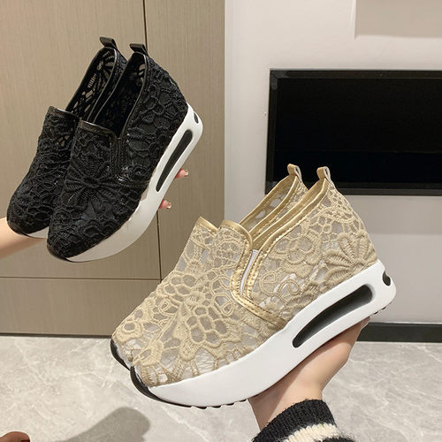 春夏蕾丝网纱透气休闲鞋女2026新款百搭厚底内增高松糕乐福0329e