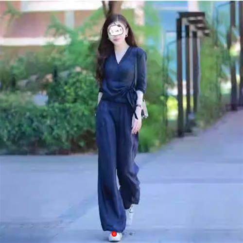 霸倘放心购气质V领套装欧麦女装透气亚麻系带上衣休闲显瘦两件套