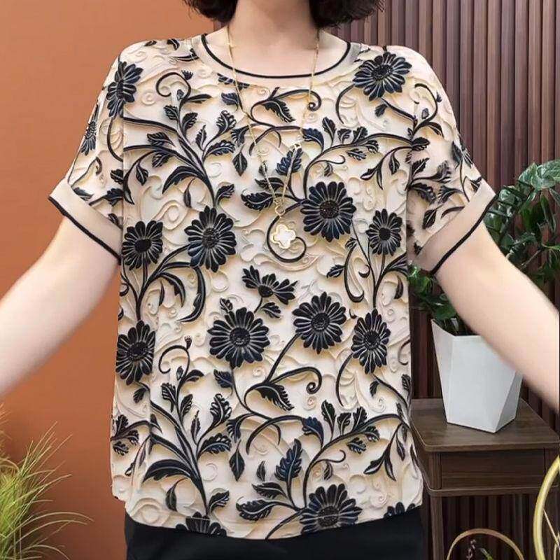 豫真优选百搭小衫妈妈品质女装夏季新款印花短袖恤女士透气上衣