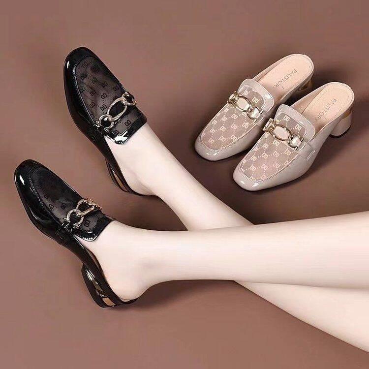 好惠挑臻选女鞋包头半拖鞋夏季新款网纱小单鞋女士粗中跟凉拖鞋子