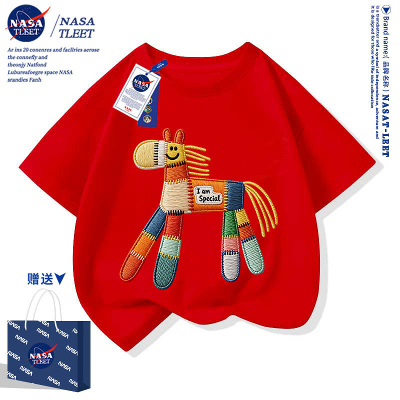 NASA联名马年棉T恤男女童洋气2026新年红色短袖儿童本命年衣服潮