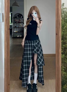 黑白格纹不规则半身裙女2025夏季小个子设计感高腰显瘦长裙子套装