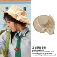 中餐厅沈月同款草帽拉菲草毛边帽子女户外遮阳遮阳帽2025新款甜美