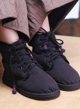 纯手工千层底布鞋女冬棉鞋系带高筒棉花棉鞋休闲复古棉麻布鞋中式