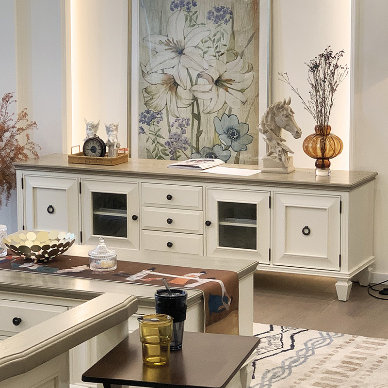 美式电视柜纯实木奶油白色高款视听柜地中海地柜客厅家具茶几组合