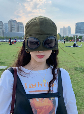 定制墨绿色飞行员鸭舌帽子韩版眼镜棒球帽嘻哈百搭护目墨镜遮阳帽