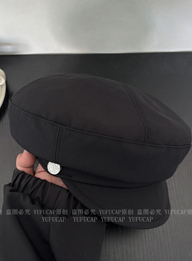气质款黑色平顶贝雷帽子女复古百搭海军帽显脸小报童帽时尚画家帽