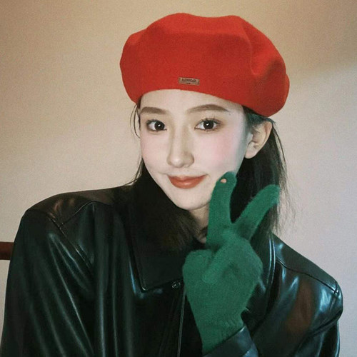 显白时尚红色羊毛呢喜庆贝雷帽