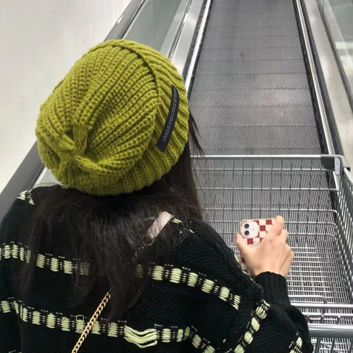 芥末绿显白大头围毛线帽女显脸小