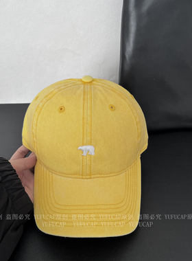 水洗做旧北极熊刺绣棒球帽子女大头围显脸小黄色鸭舌帽男女防晒帽