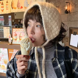 羊毛混纺ins风菠萝纹针织保暖护耳绑带帽子毛线耳套百搭秋冬耳罩