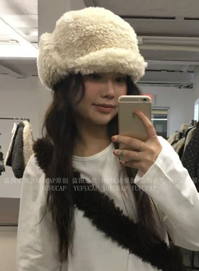 日本原版白色毛绒加厚护耳帽防风雷锋飞行帽保暖滑雪帽双面戴女