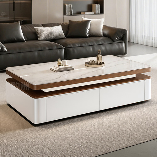 实木茶几意式极简小户型双层轻奢奶油风家用客厅收纳储物柜茶几桌