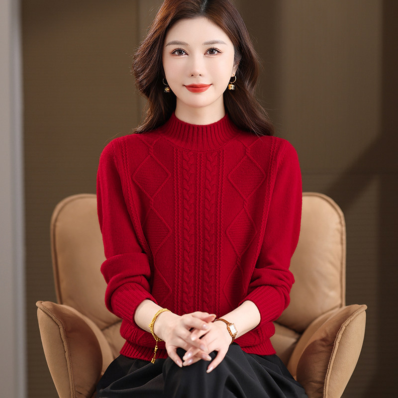 中国红色半高领100%羊毛衫女加厚保暖套头针织衫宽松打底衫妈妈装