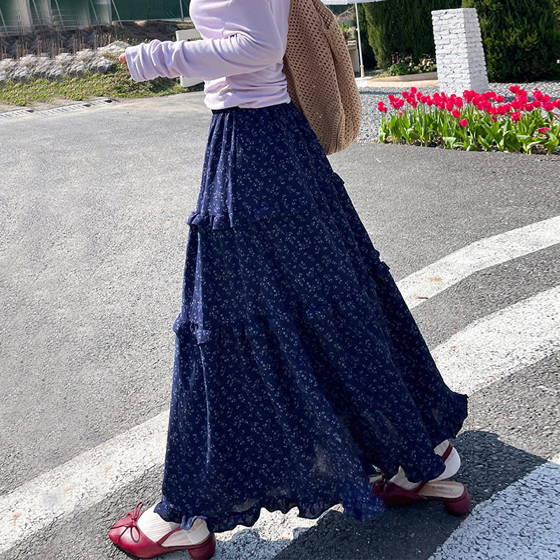 复古小碎花半身裙女夏季中长款韩系蓬蓬蛋糕裙高腰显瘦A字伞裙子