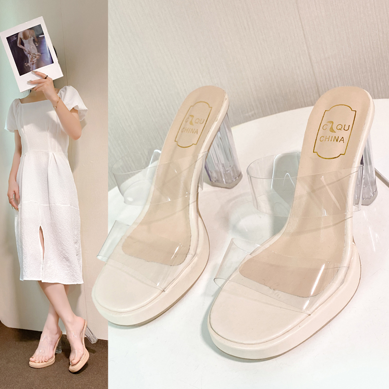 配裙子透明拖鞋女夏外穿洋气仙女鞋2024新款绝美水晶一字高跟凉拖