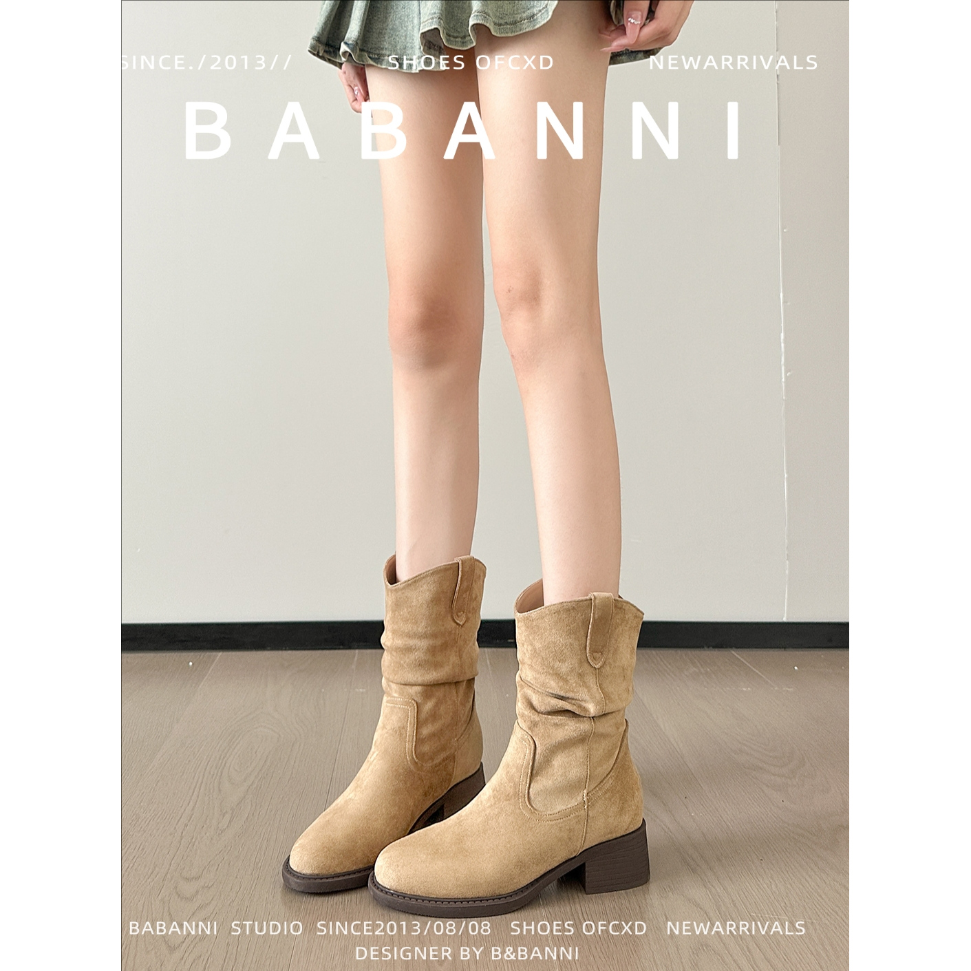 百丽班尼棕色短靴女褶皱堆堆靴