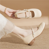 百丽班尼真皮超软底玛丽珍鞋 女 女粗跟复古山茶花浅口旗袍豆豆单鞋