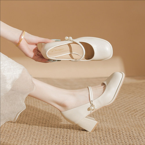 真皮玛丽珍女鞋高跟鞋粗跟单鞋