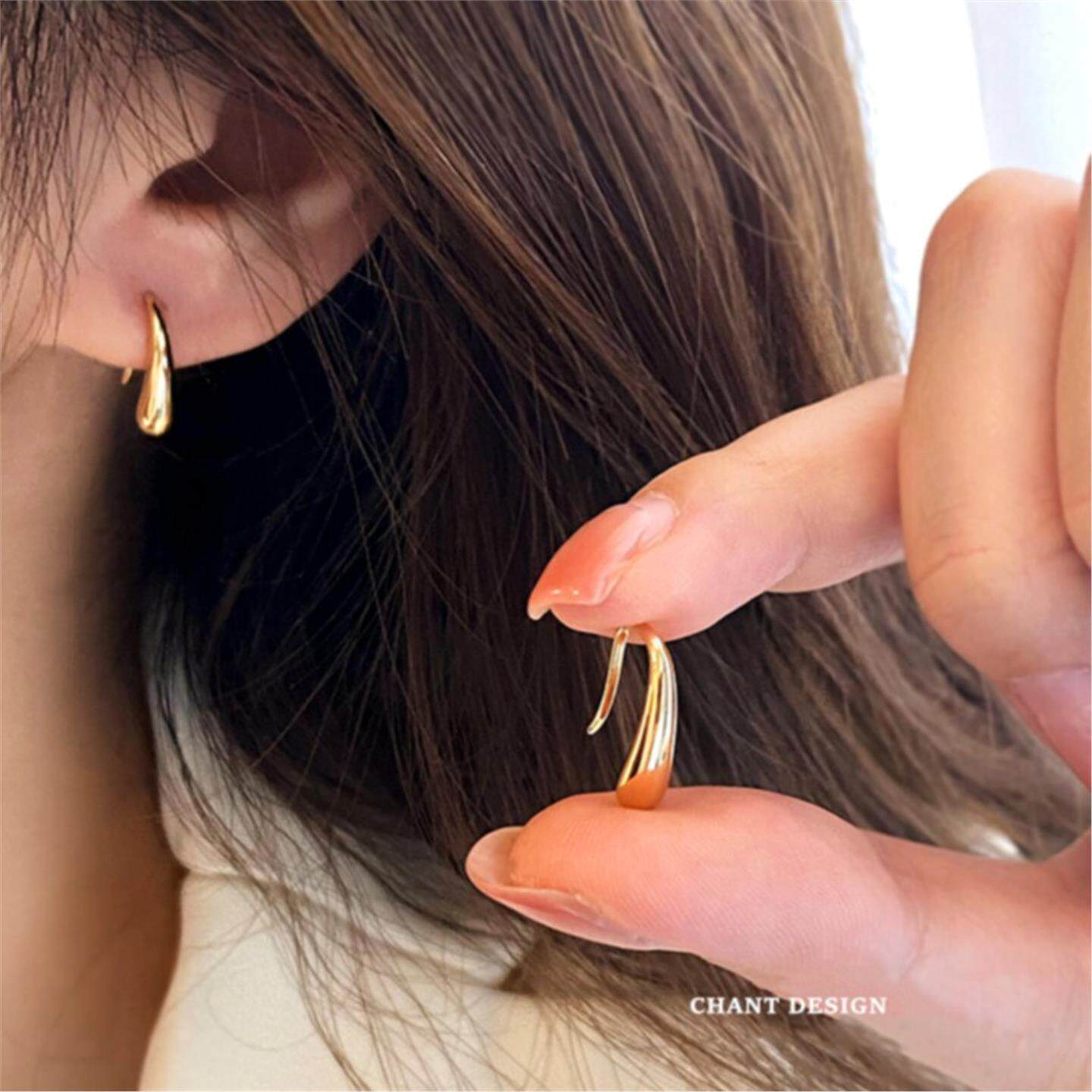 s925纯银镀黄金色水滴耳钩耳钉女 素圈耳环简约礼物ins小众设计感
