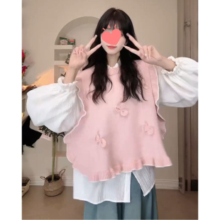背心马甲毛衣女叠穿衬衫 甜美穿搭一整套蝴蝶结披肩针织衫 跨境直播