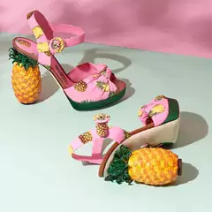 D Brand New Bohemian Pink Bow Pineapple Fish-Mouth High-Heeled Sandals with Buckle, Irregular Heel Mules Size 43