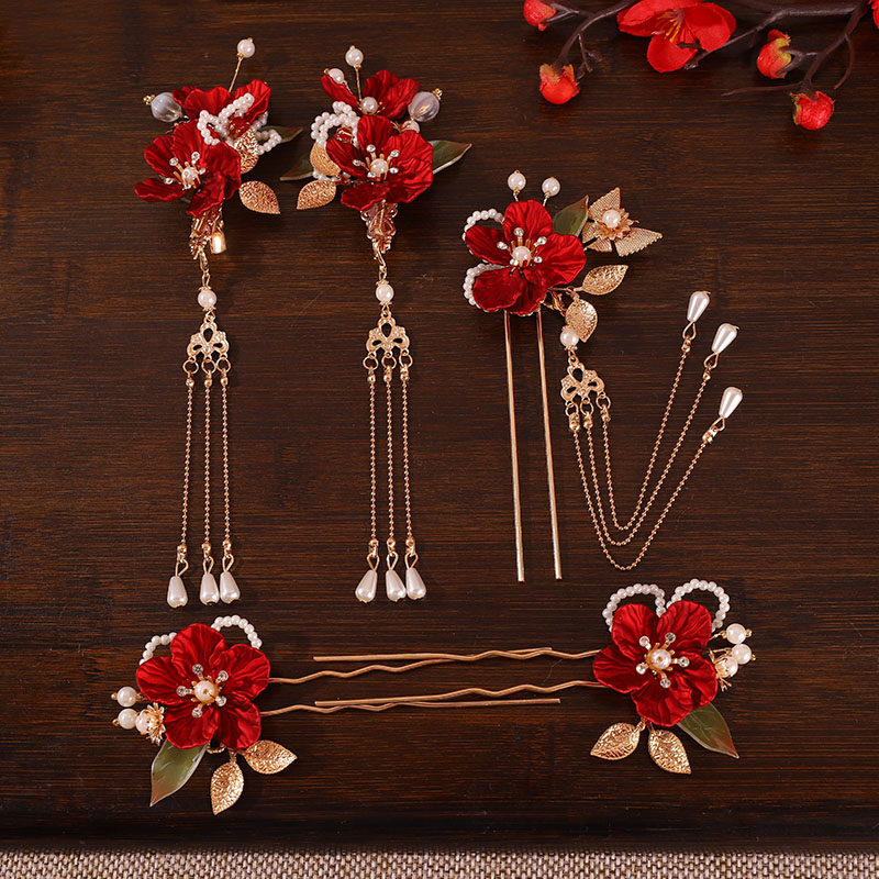 红色古风中式秀禾头饰发簪发夹
