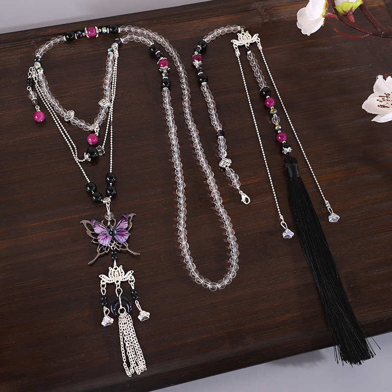 新款中式水墨复古紫色蝴蝶流苏