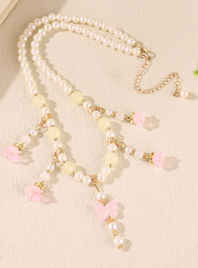 礼物粉色百搭花朵项链仿珍珠