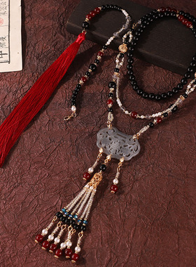 仿玉佩项链新中式黑色流苏