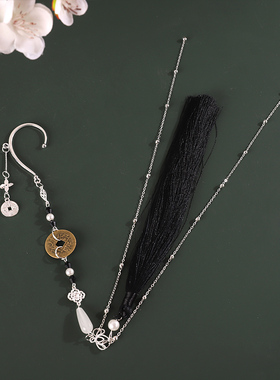 新中式古旧铜钱长款流苏耳挂女招财无耳洞耳环古风夸张耳饰男