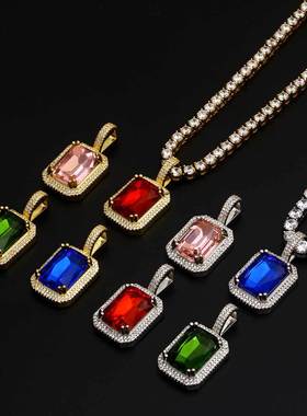 爆款嘻哈饰品方形彩色宝石吊坠项链配饰微镶锆石潮牌男士