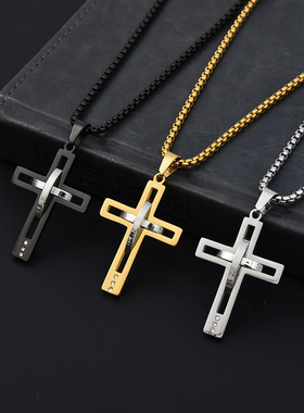 新款珍珠链镂空十字架欧美小众潮酷潮流个性十字架不锈钢吊坠