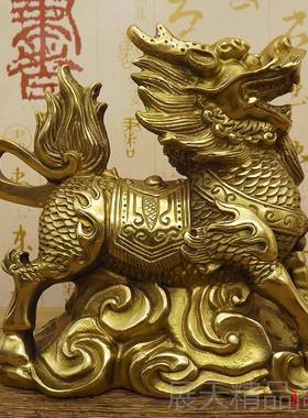 正品铜麒麟 铜工艺麟品 黄铜财福麒一对招办财客厅家居室装饰品公