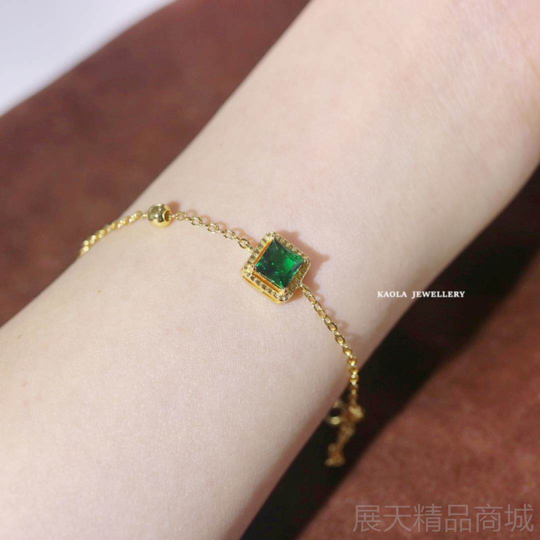 正品祖母方糖手链女黄金纯银翡绿翠绿方 单钻手镯轻.奢法式复古绿