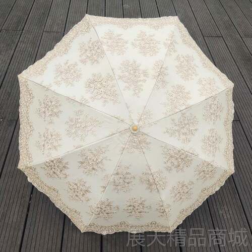 正品米女神蕾丝太阳伞防紫外线晒二折刺防绣花黑胶色古奢华晴雨典