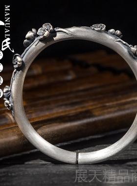 正品手寸银坊云南手工制作复心古立体高艺工雕刻圆柱实梅花镯.匠