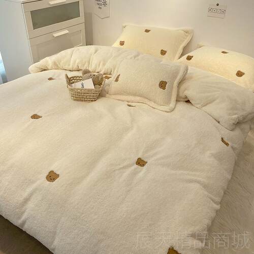 正品冬季泰迪绒四套珊瑚件绒双面用绒毛绒高档刺绣卡通被套床单上