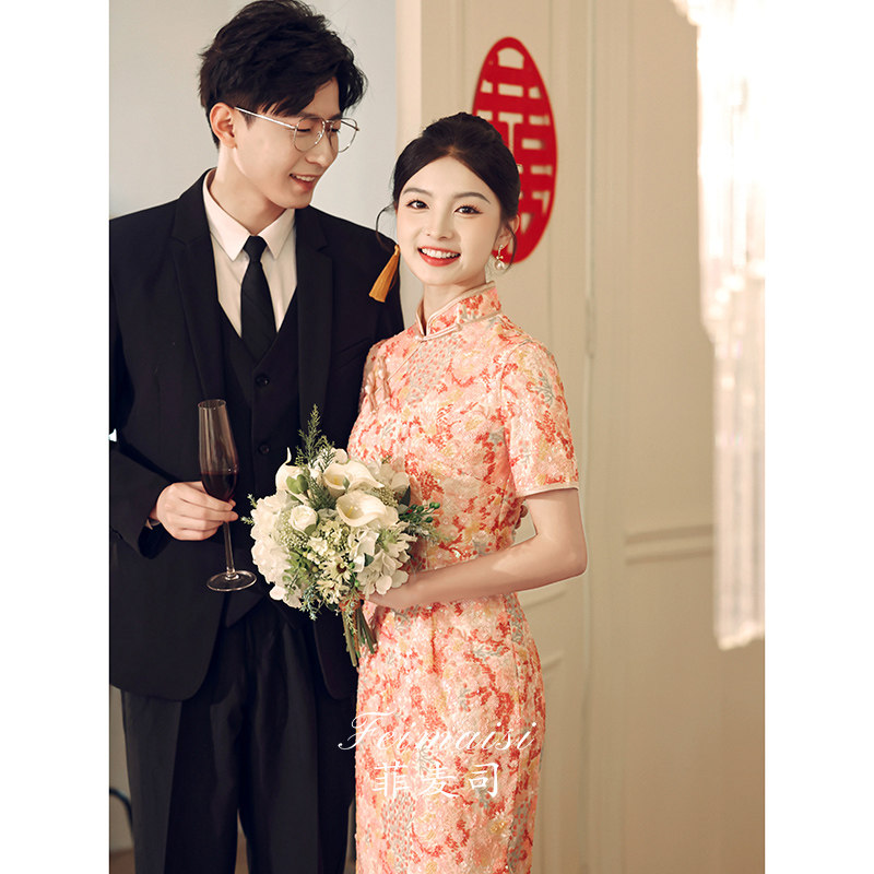 新中式旗袍敬酒服2023新款新娘粉色平时可穿高级感连衣裙订婚礼服