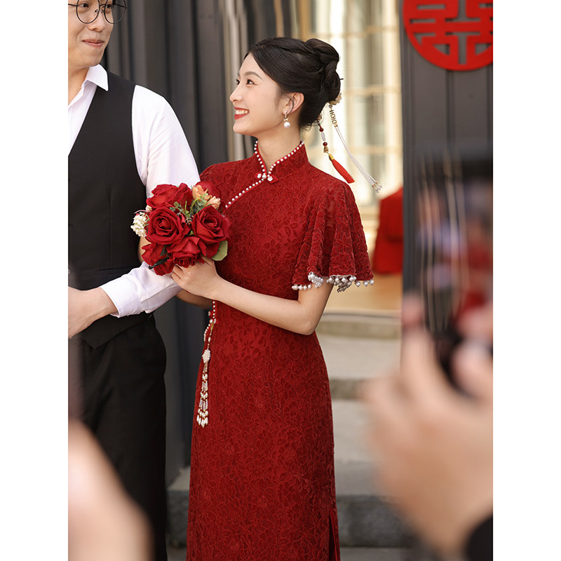 新中式旗袍敬酒服2023新款新娘酒红色平时可穿夏季连衣裙订婚礼服_虎窝淘