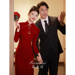 新中式旗袍敬酒服2023新款新娘酒红色长袖简约结婚红裙子订婚礼服
