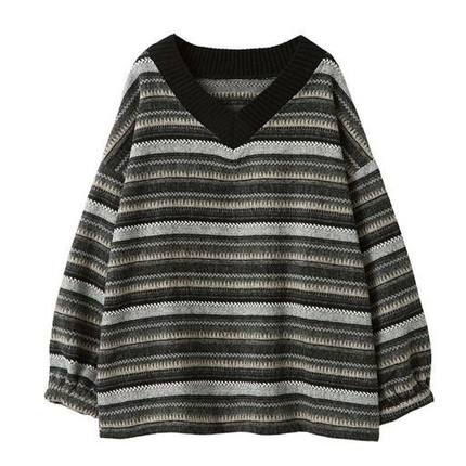 Striped contrasting V-neck pullover loose sweater for women