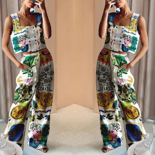 pants vest piece wide set two leg fashion Printed casual
