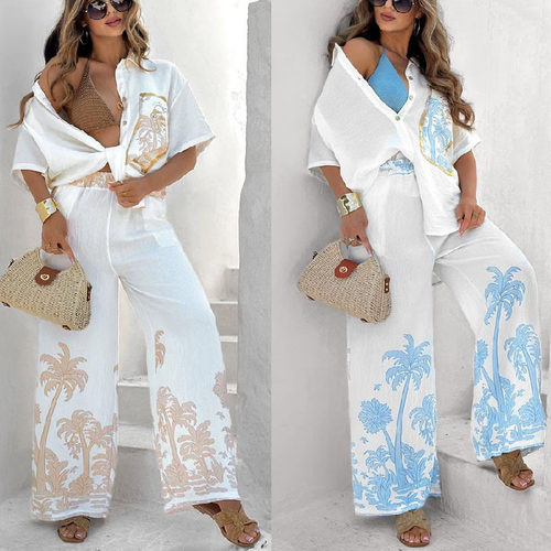 women's short sleeved lapel shirt+long pants casual suit