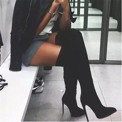 Pointed high heels knee boots slim heels plush long boots