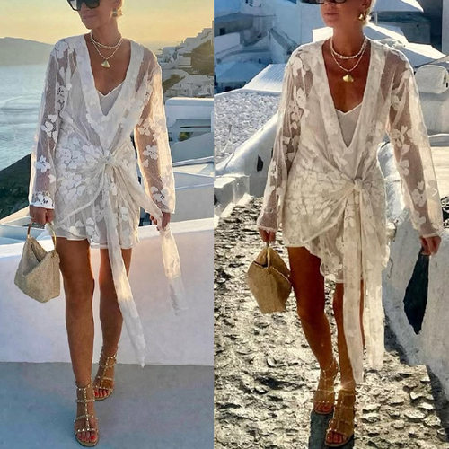 Holiday beach dress women's hooded blouse lace shirt 蕾丝衫