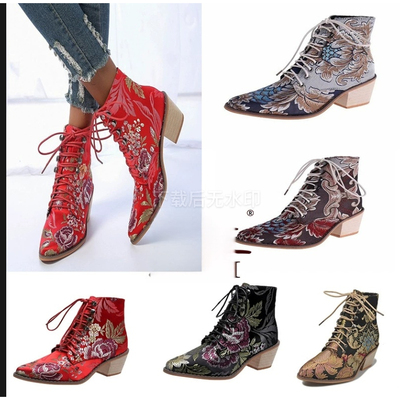 Women's Short Boots with Thick Heels and Embroidery 女士短靴
