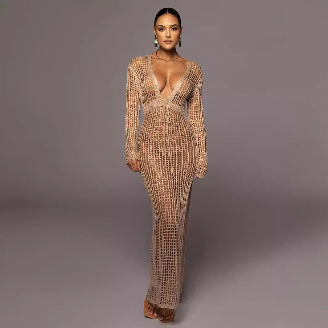 women's hollow out deep V-neck high slit knitted long dress